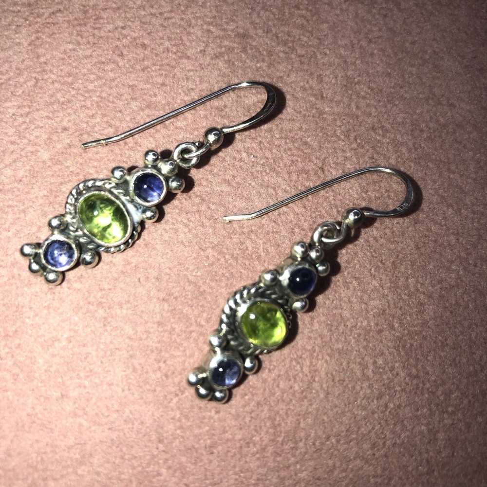 Sterling Silver Vintage 925 Dangle Drops Earrings with Two Gemstones